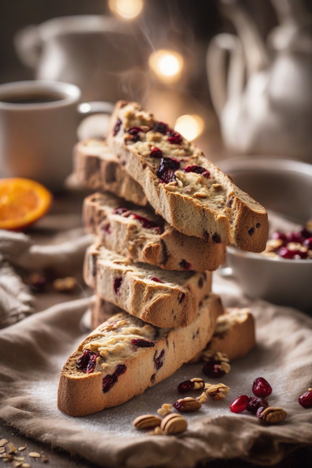 A high-resolution photo of cranberry orange walnut biscotti on a rustic plate with coffee steam rising, under soft lighting.