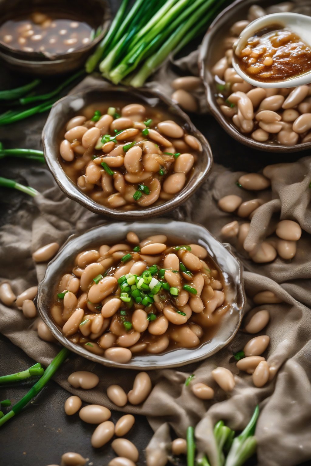 A high-resolution photo of ginger soy butter beans glistening with sauce and green onions, under soft lighting.