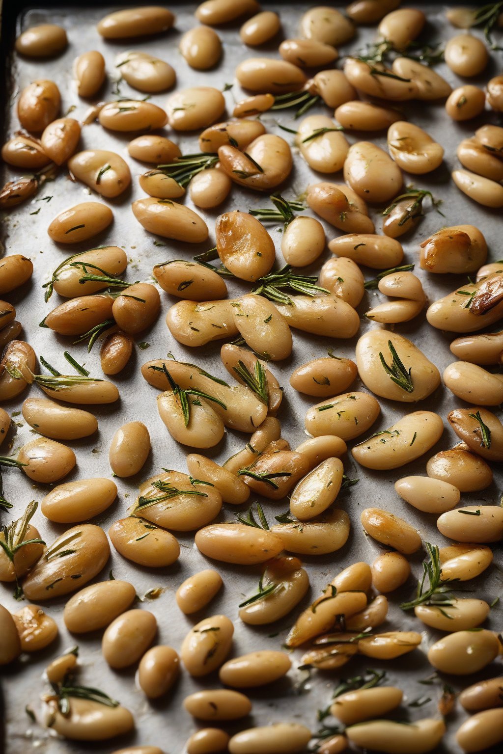 A high-resolution photo of crispy rosemary roasted butter beans scattered on a baking sheet, under soft lighting.