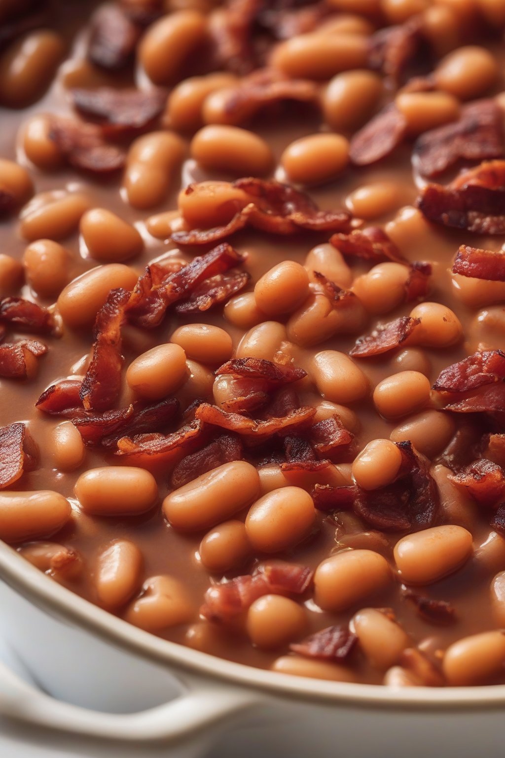A close-up photo of steaming Boston baked beans topped with crispy bacon bits under soft lighting.