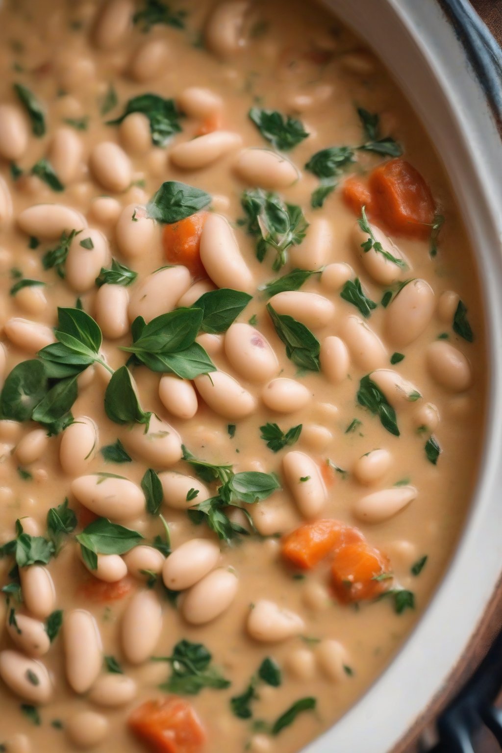 A close-up photo of creamy Tuscan white bean stew garnished with fresh herbs under soft lighting.