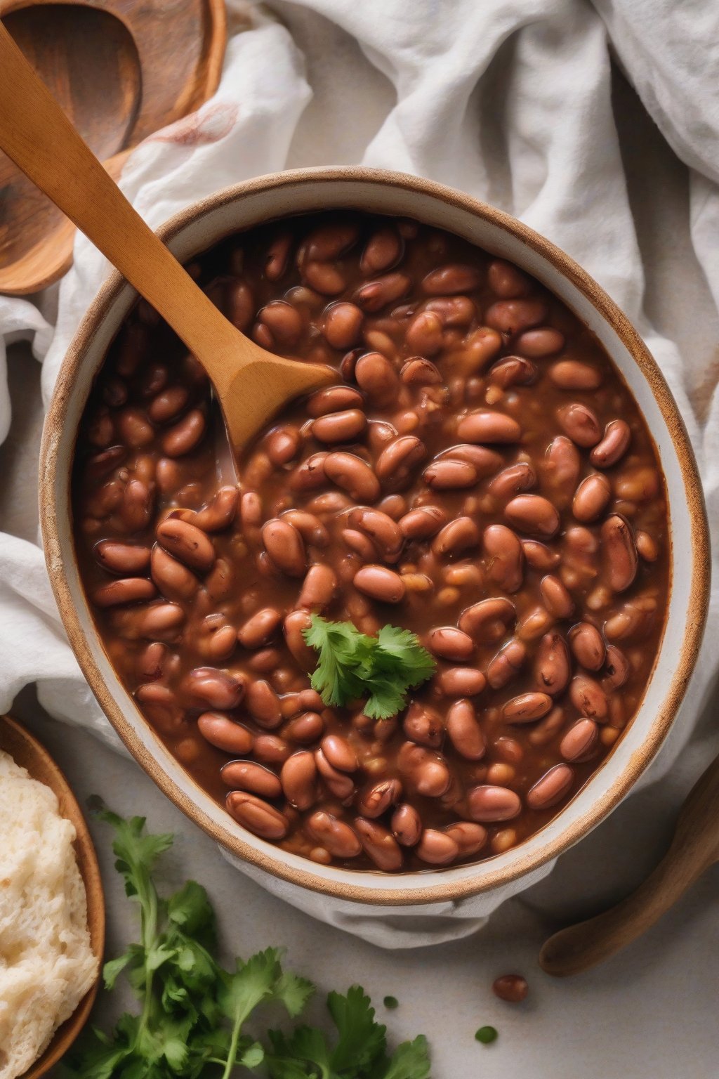 A close-up photo of glossy BBQ pinto beans with a wooden spoon under soft lighting.