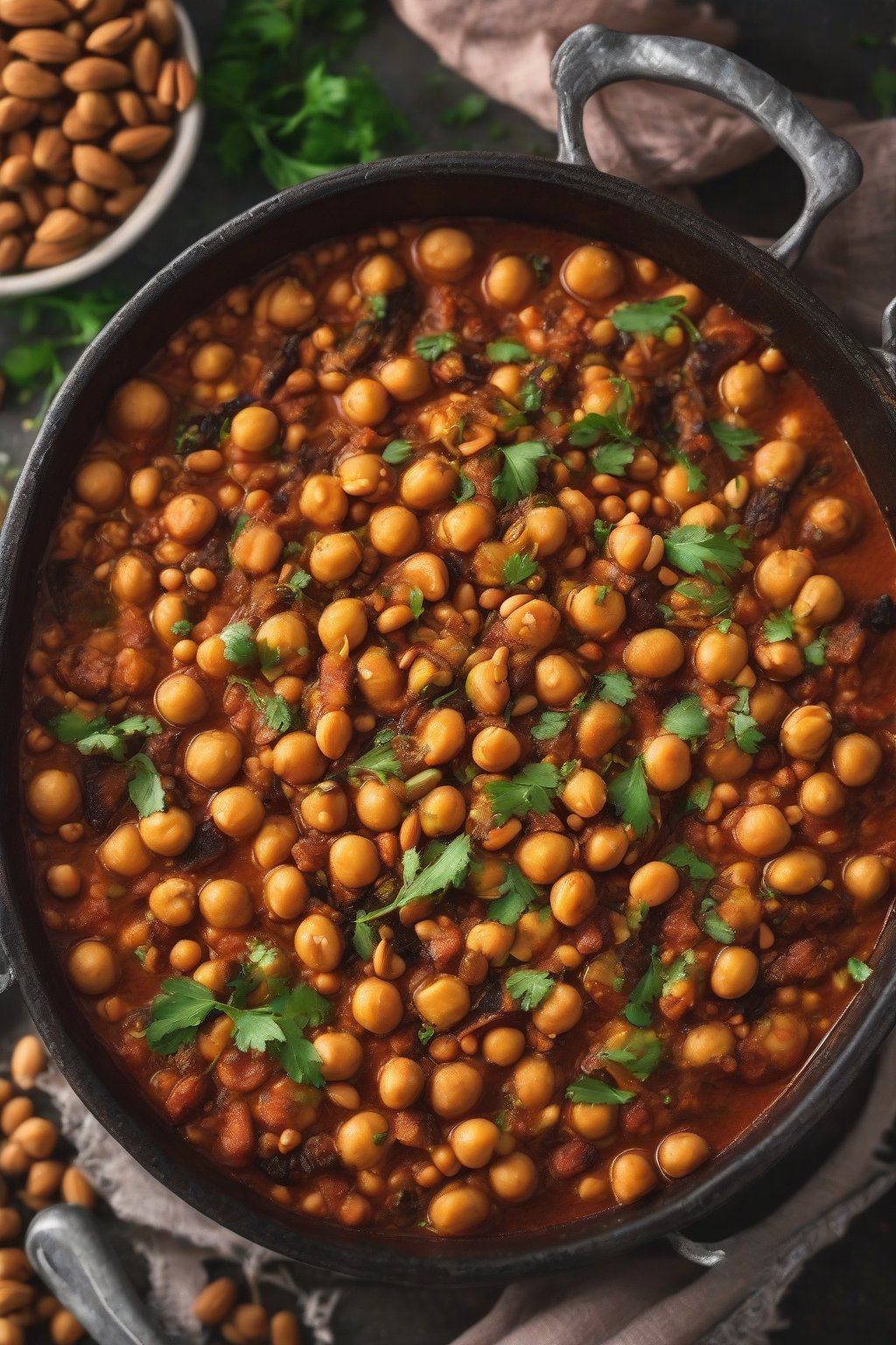 A close-up photo of vibrant Moroccan chickpea tagine topped with almonds under soft lighting.