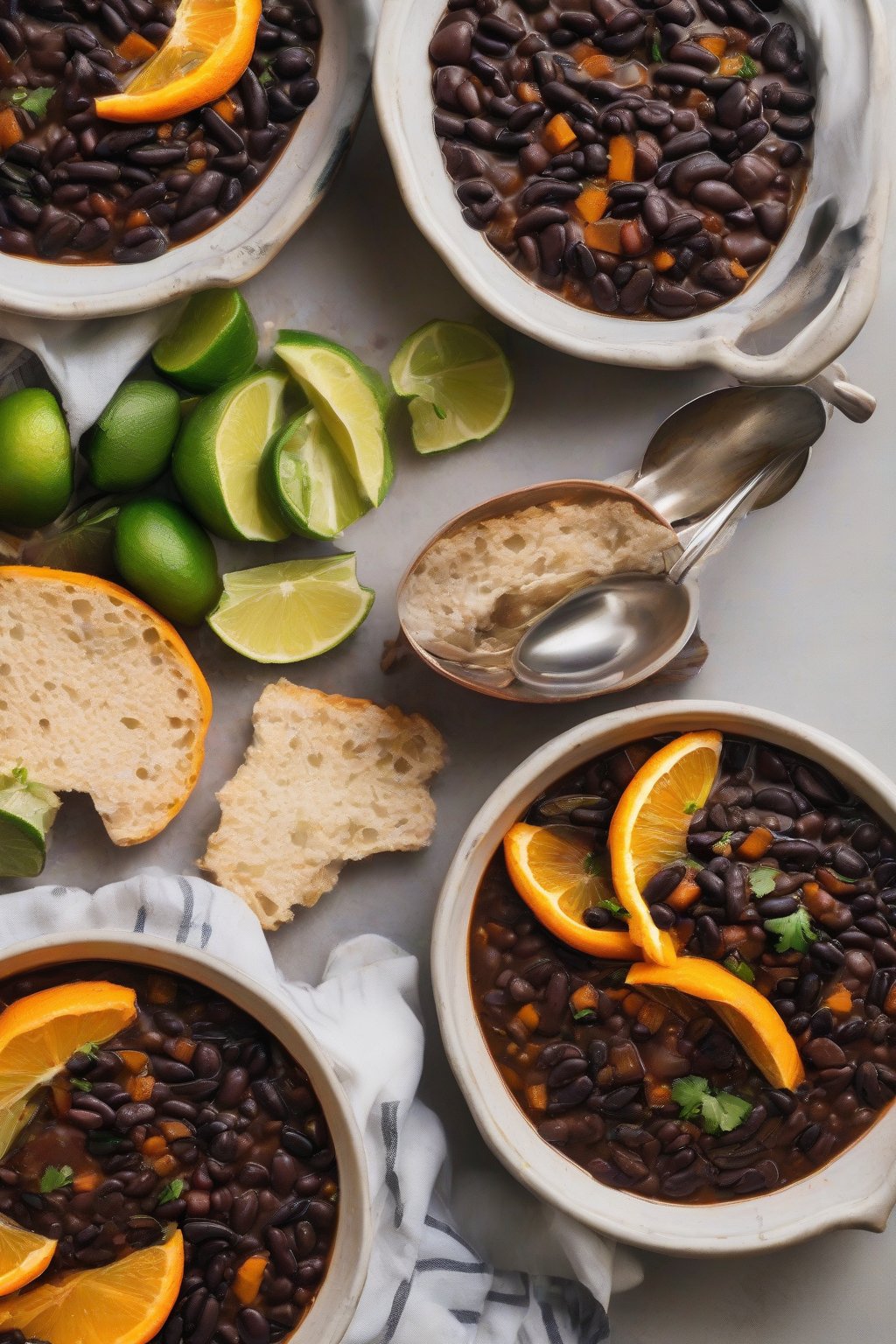 A close-up photo of rich black bean feijoada with orange slices on the side under soft lighting.