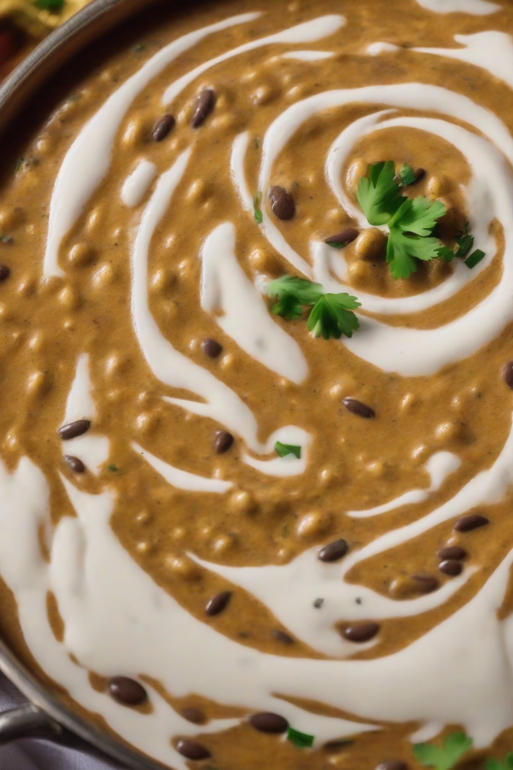 A close-up photo of buttery dal makhani swirled with cream under soft lighting.