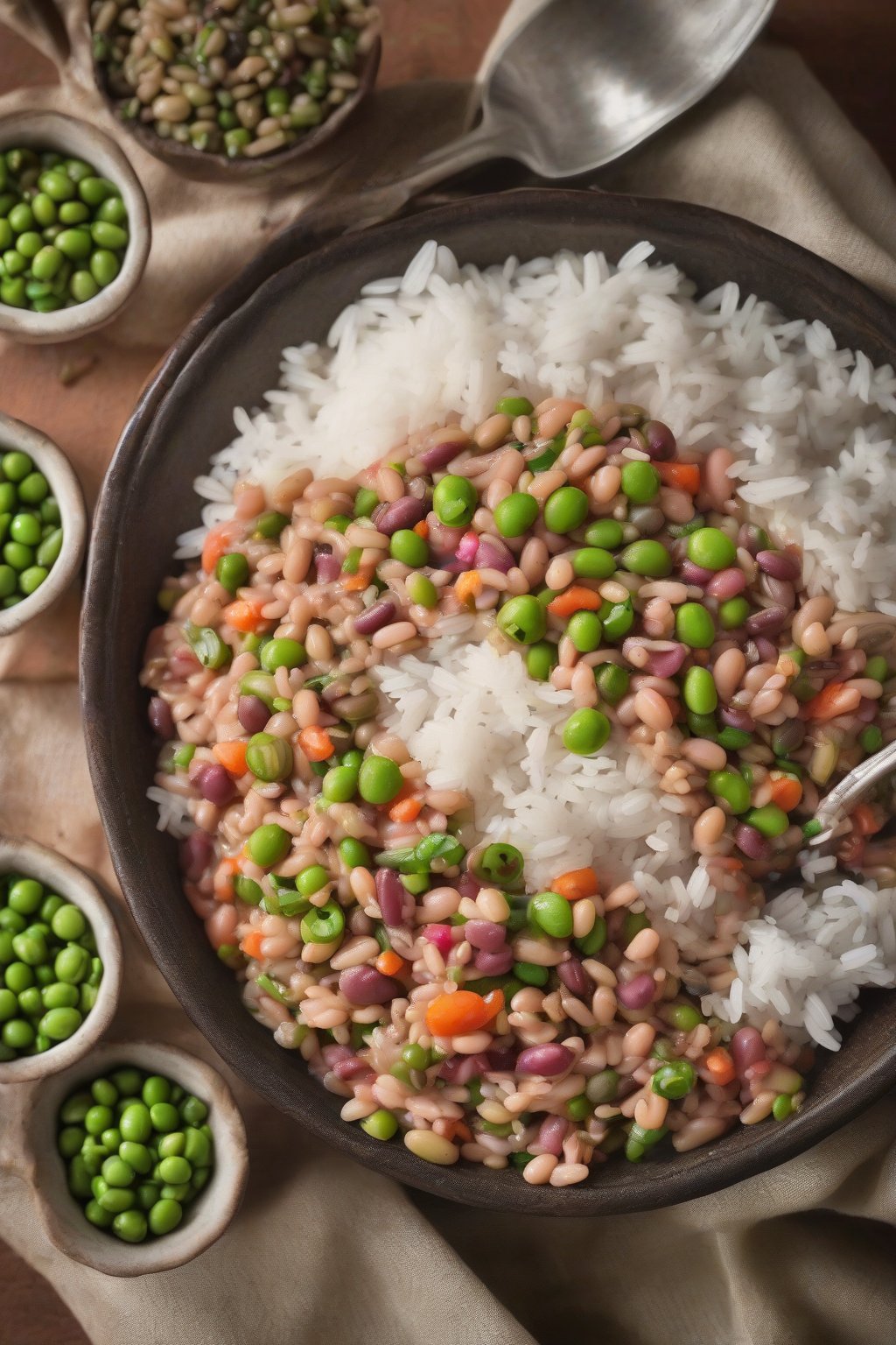 A close-up photo of colorful hoppin' John with peas and rice under soft lighting.