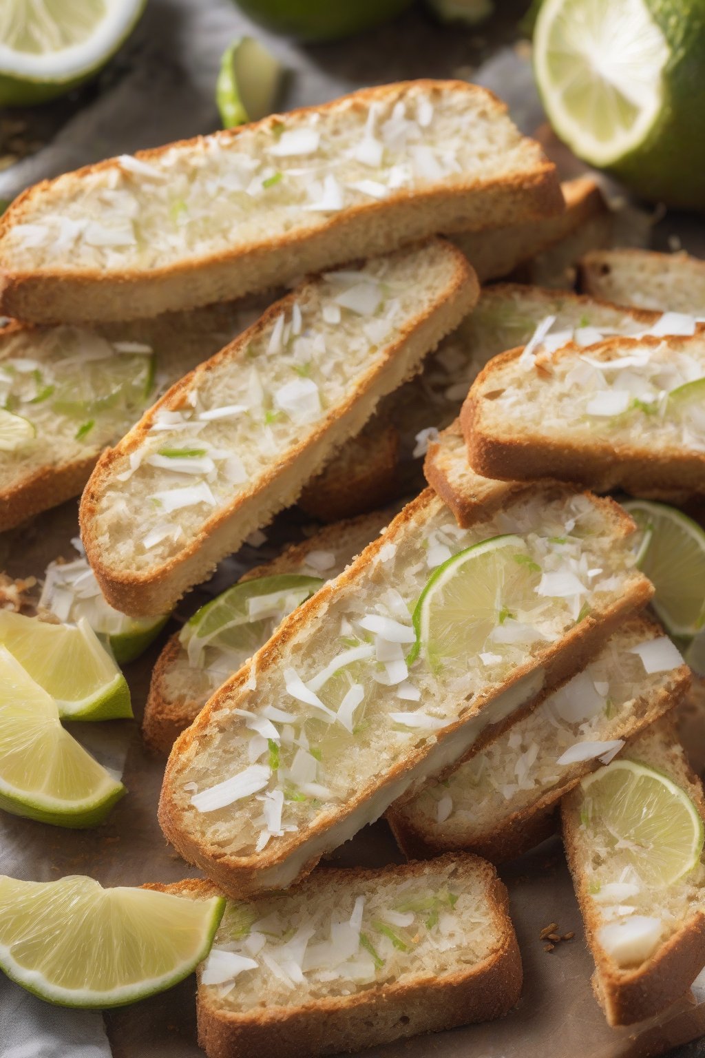 A high-resolution photo of coconut lime biscotti slices showing crunchy texture, lime wedges garnish, under soft lighting.