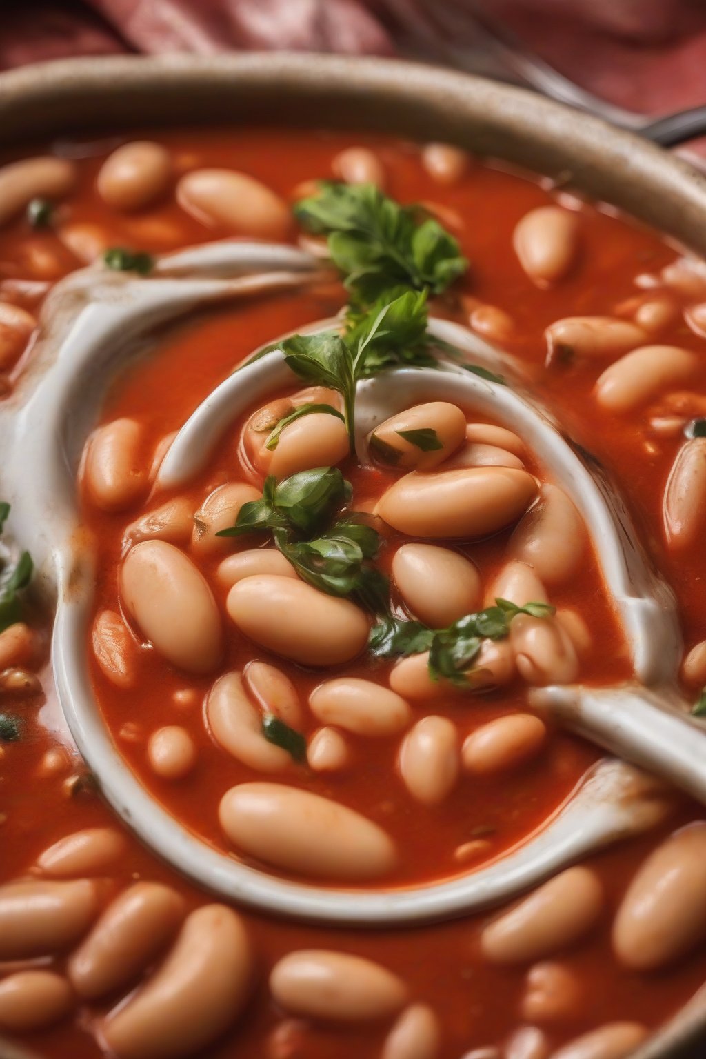 A close-up photo of plump gigante beans in red tomato broth under soft lighting.