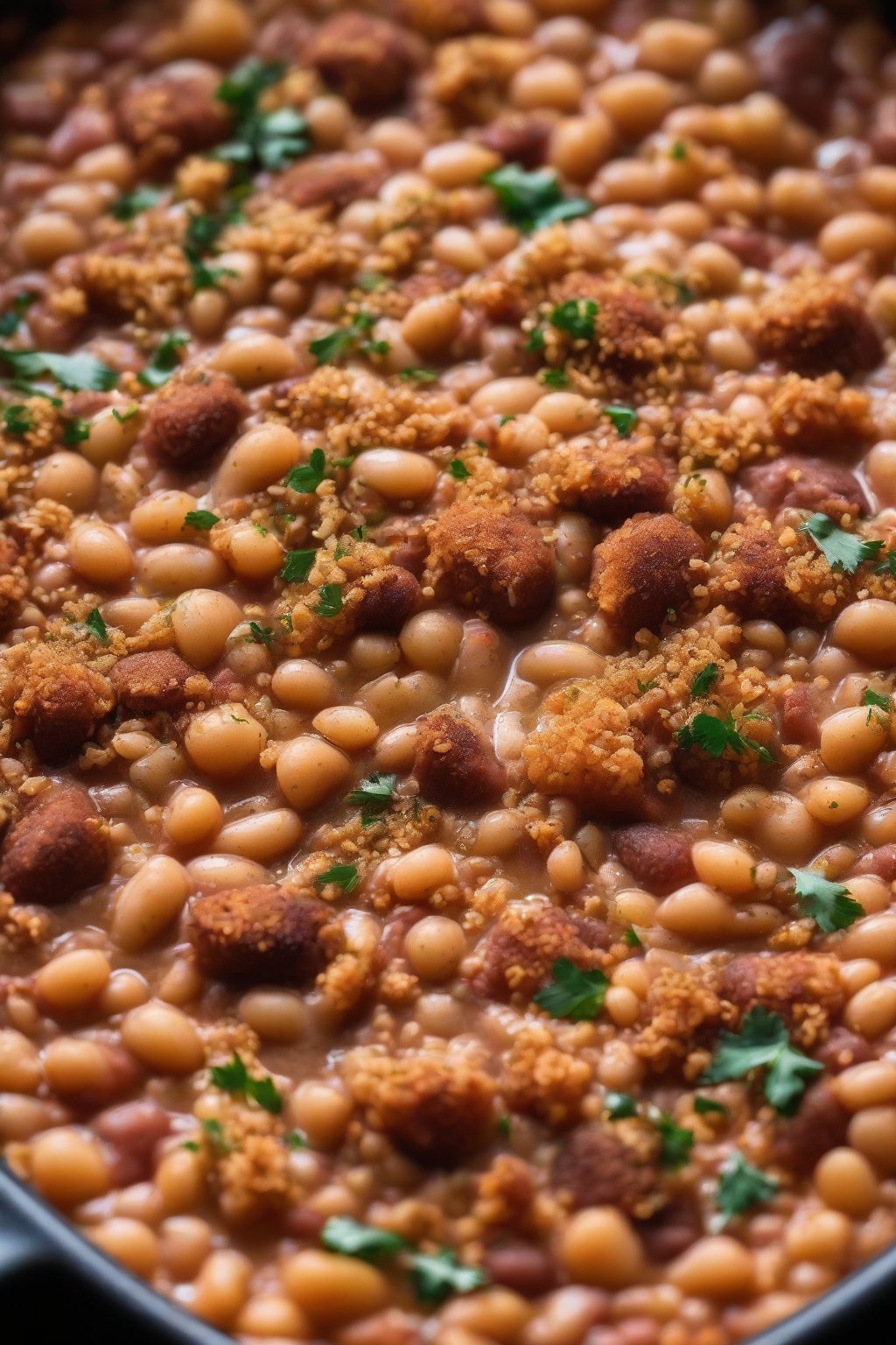 A close-up photo of bubbly refried bean cassoulet with golden breadcrumbs under soft lighting.