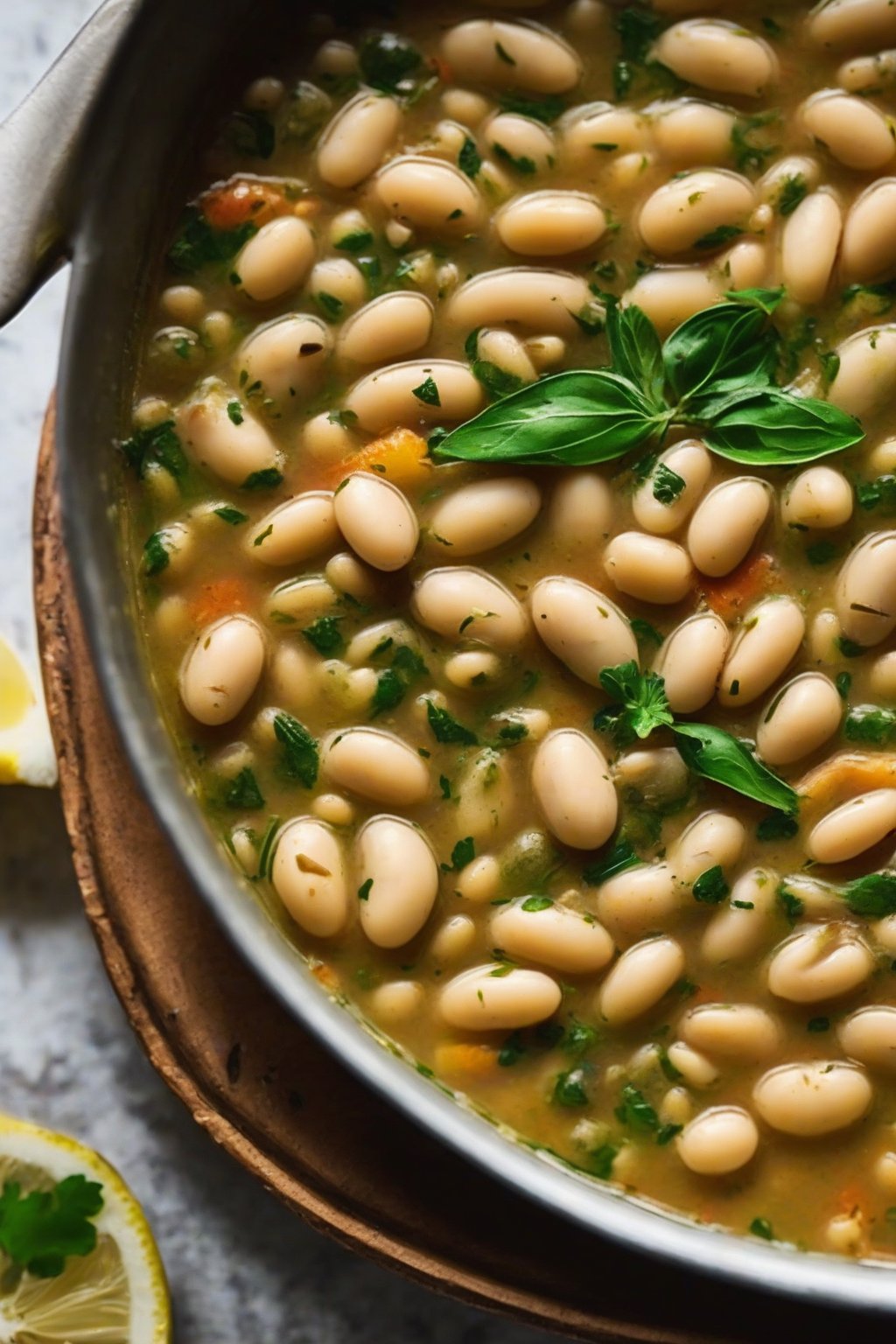 A close-up photo of green-flecked cannellini bean stew with lemon twist under soft lighting.
