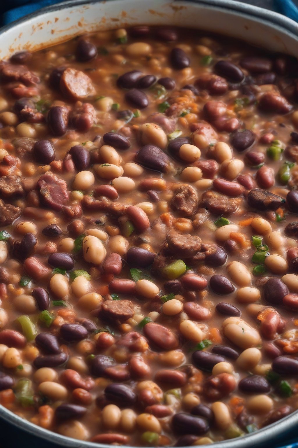 A close-up photo of mixed cowboy beans with meat chunks under soft lighting.