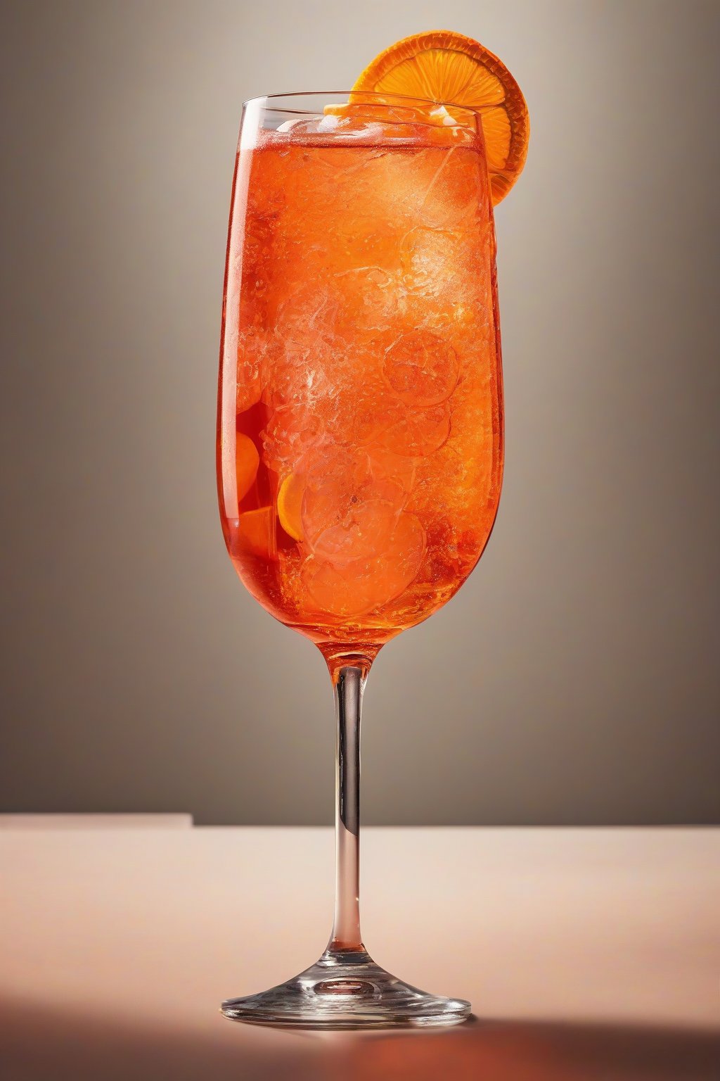 A high-resolution photo of a classic Aperol Spritz in a wine glass with orange slice garnish, bubbles rising under soft lighting.