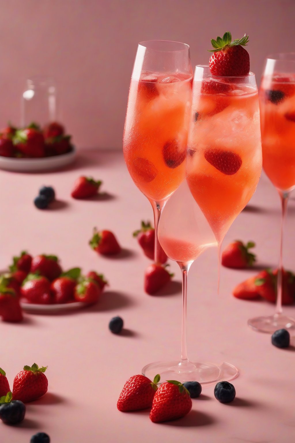 A high-resolution photo of a strawberry Aperol Spritz garnished with fresh berries, pink hues glowing under soft lighting.