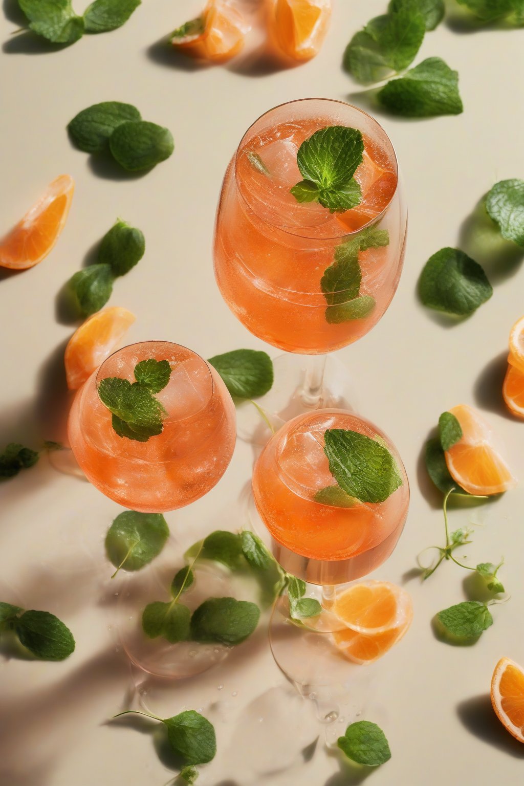 A high-resolution photo of a cucumber mint Aperol Spritz with green slices and leaves, refreshing droplets on the glass under soft lighting.