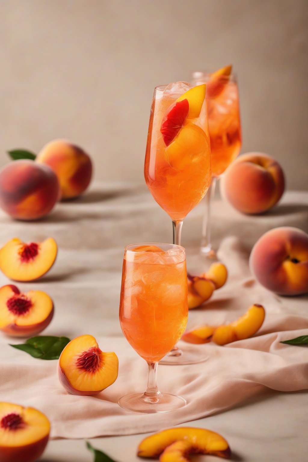 A high-resolution photo of a peach Aperol Spritz with juicy peach slices, golden tones under soft lighting.