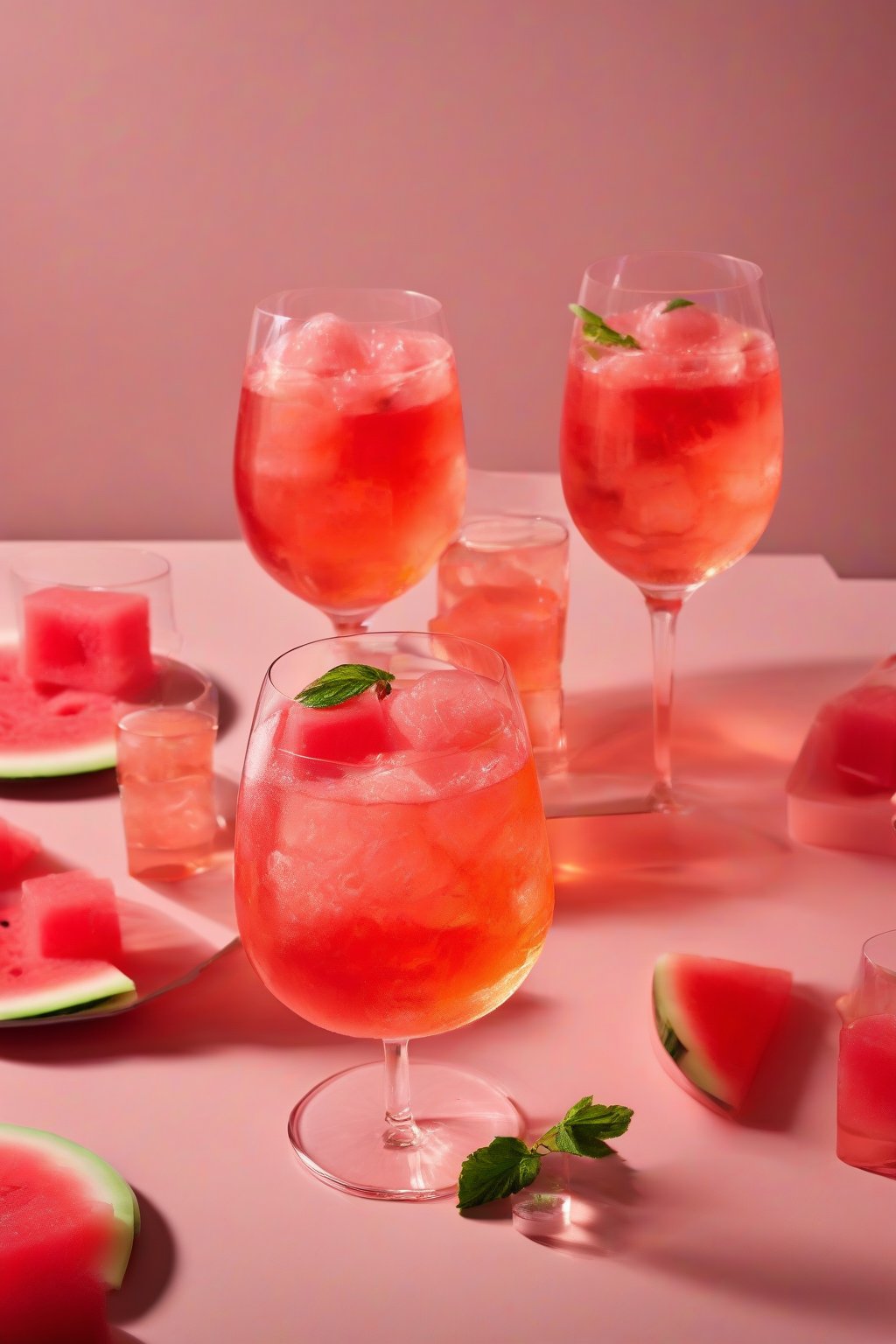A high-resolution photo of a watermelon Aperol Spritz with pink cubes and rim garnish, vibrant and juicy under soft lighting.