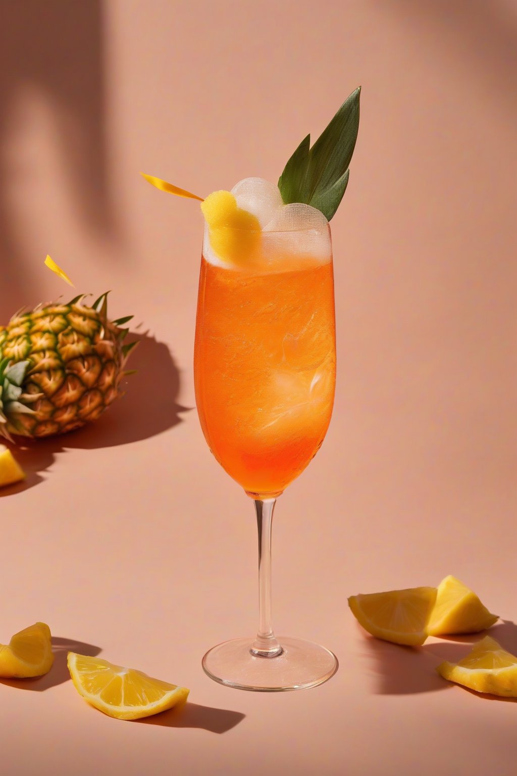 A high-resolution photo of a pineapple Aperol Spritz with yellow foam and leaf garnish, sunny and inviting under soft lighting.