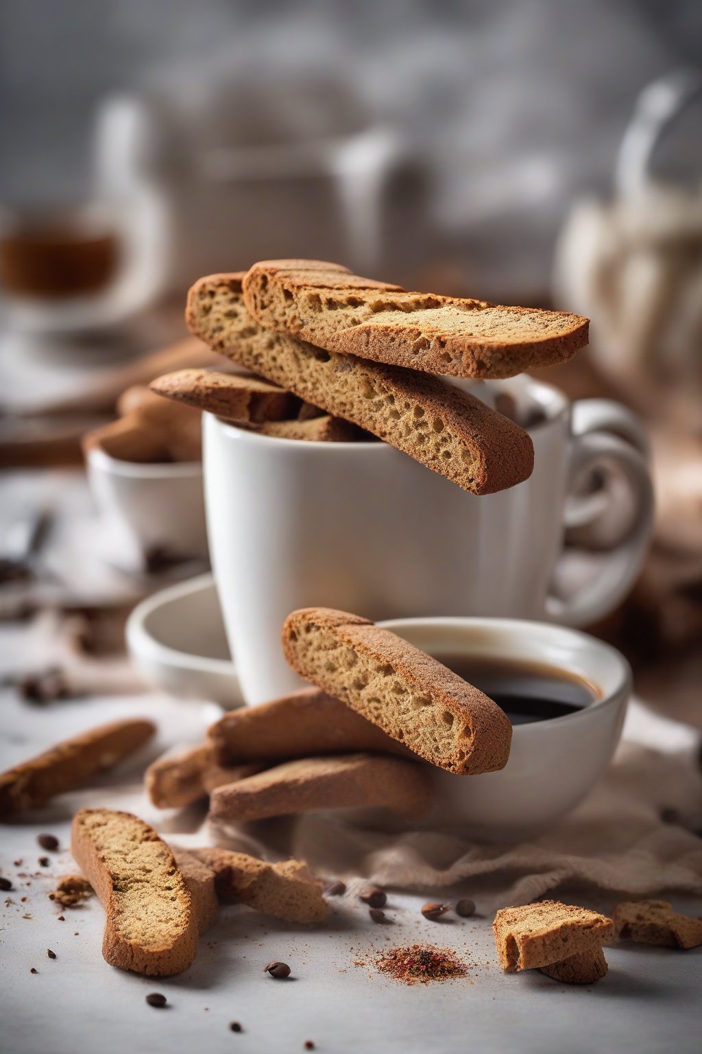 A high-resolution photo of ginger spiced biscotti piled high with spice dusting, coffee mug in background, under soft lighting.
