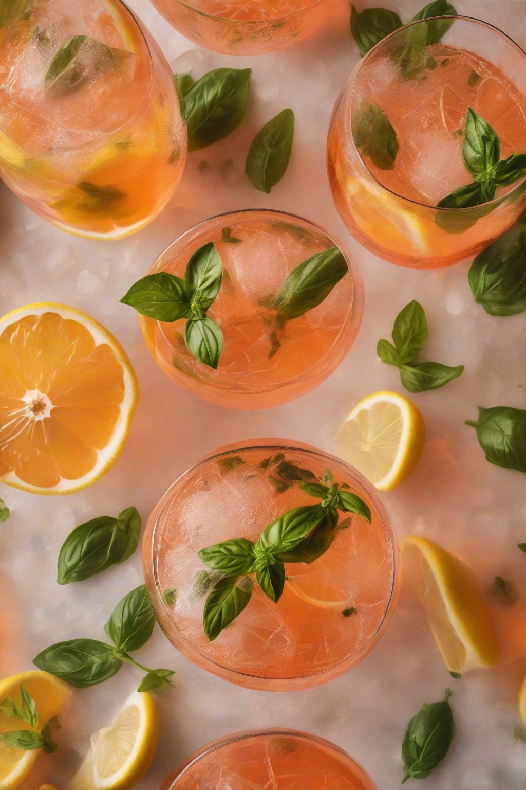 A high-resolution photo of a lemon basil Aperol Spritz with green herbs and citrus wheel, aromatic steam under soft lighting.