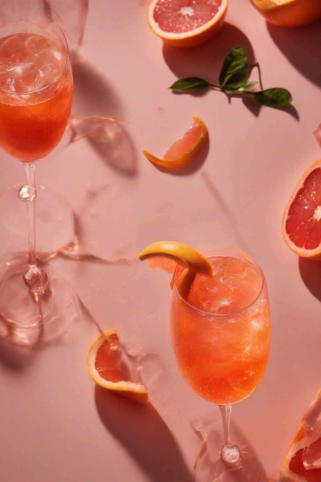 A high-resolution photo of a grapefruit Aperol Spritz with pink peel curl, citrus sparkle under soft lighting.