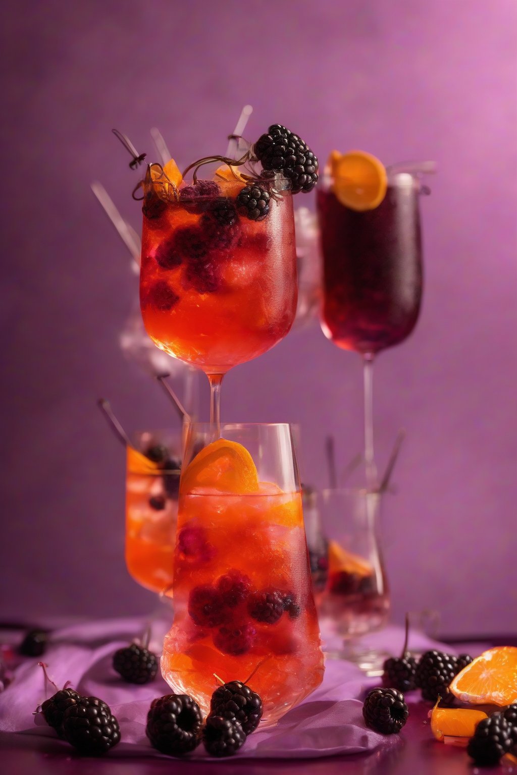 A high-resolution photo of a blackberry Aperol Spritz with crushed berries and skewer, deep purple hues under soft lighting.