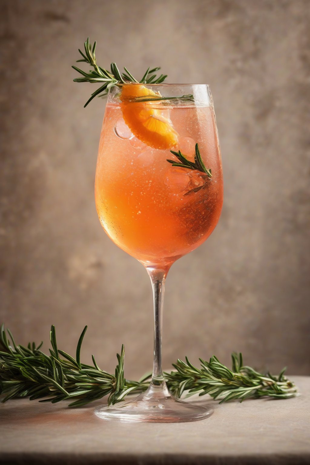 A high-resolution photo of a rosemary Aperol Spritz with green sprig and bubbles, rustic elegance under soft lighting.