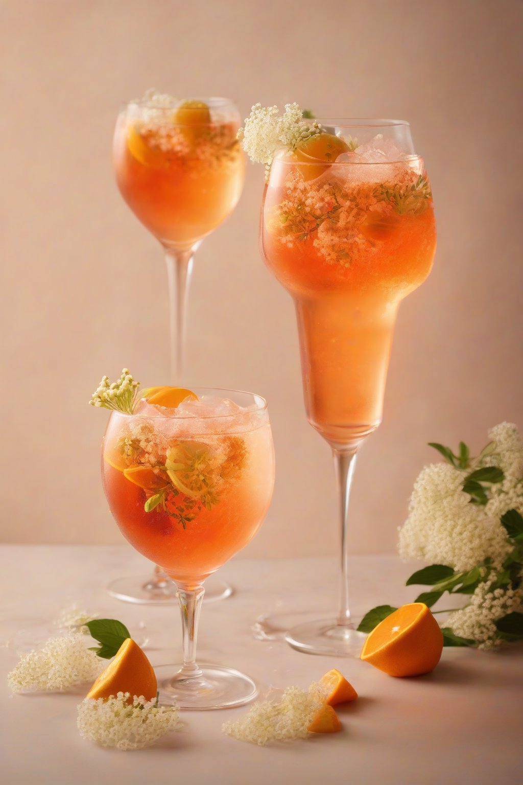 A high-resolution photo of an elderflower Aperol Spritz with floral garnish, soft golden glow under soft lighting.