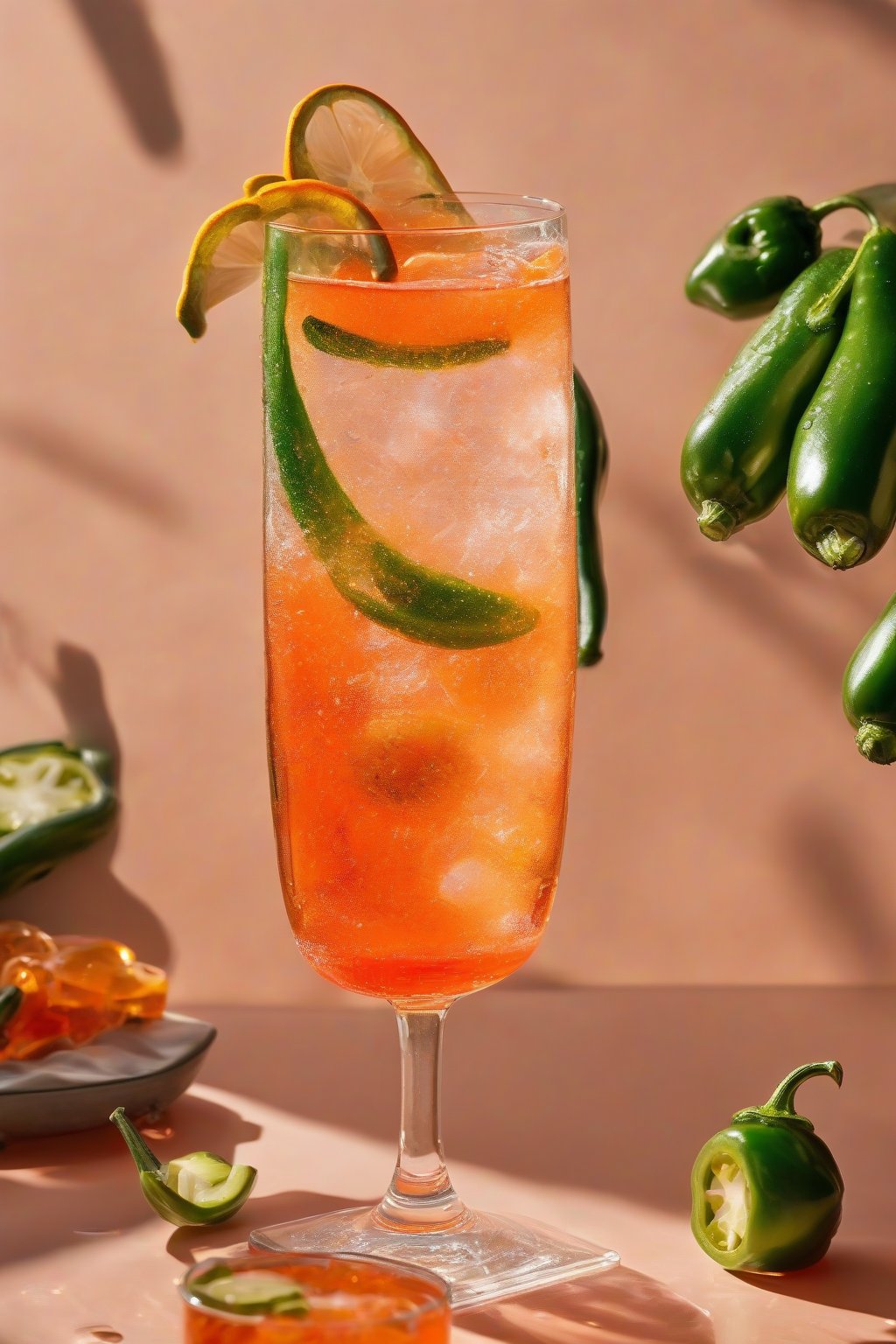 A high-resolution photo of a jalapeño Aperol Spritz with green slices and fizz, spicy droplets under soft lighting.