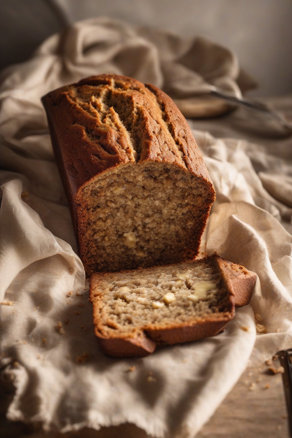 A high-resolution photo of a golden loaf of classic banana bread sliced open to reveal moist crumb, under soft lighting.