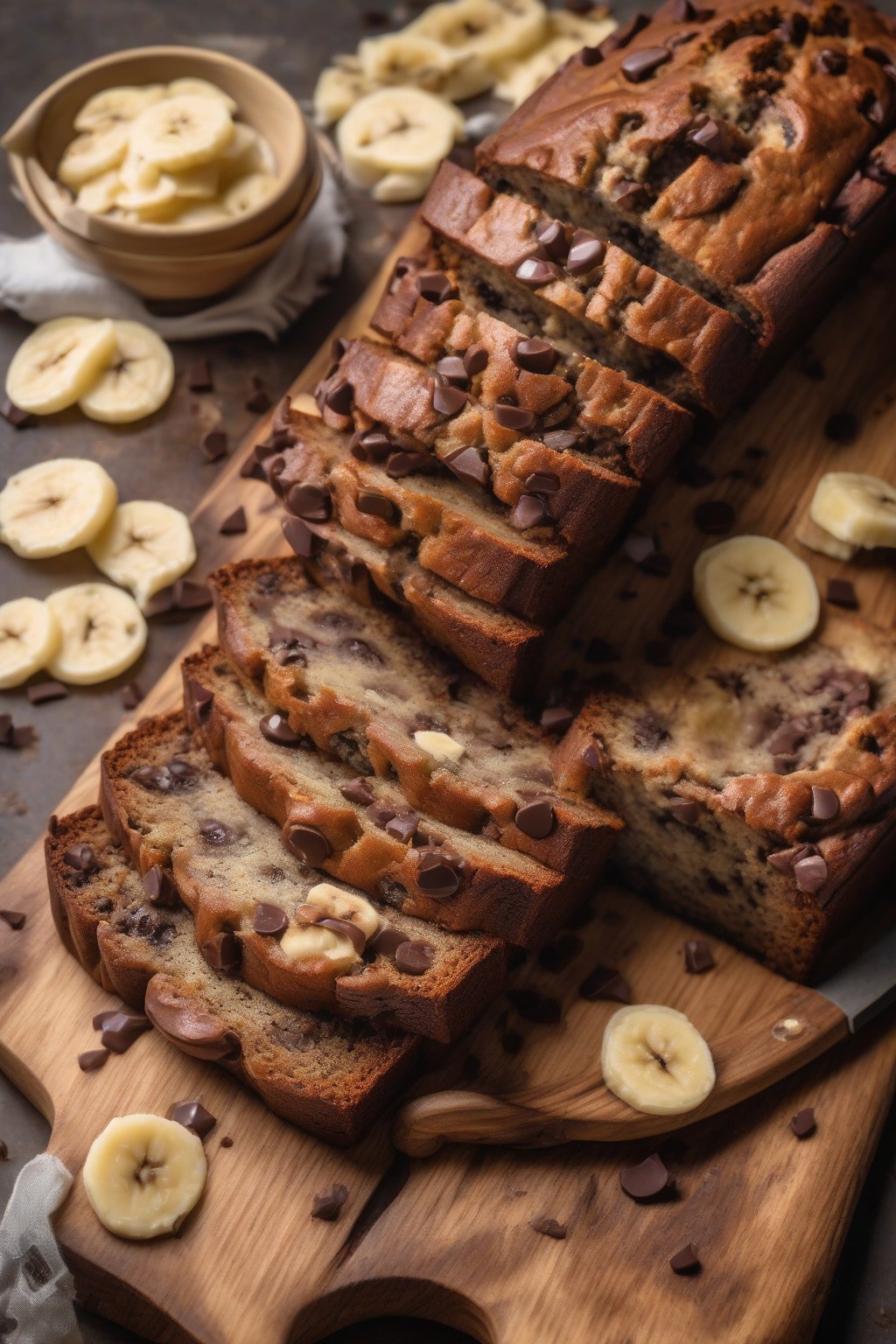 A high-resolution photo of chocolate chip banana bread with gooey chips oozing out, sliced on a wooden board under soft lighting.