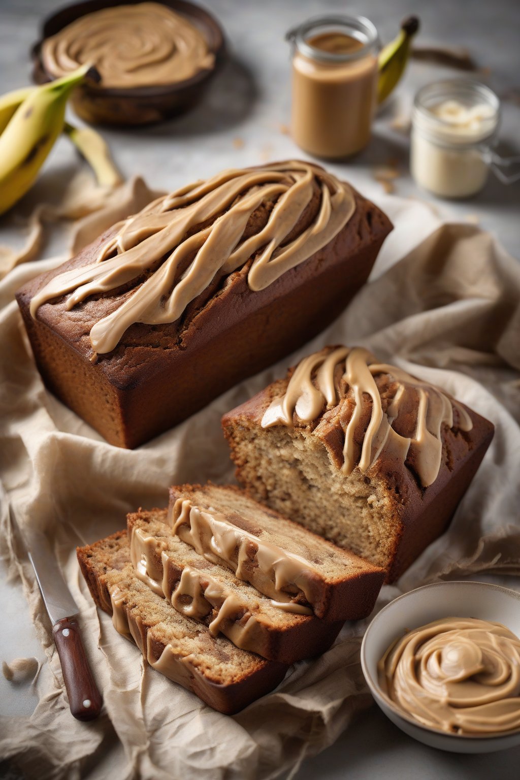 A high-resolution photo of peanut butter swirled banana bread with creamy ribbons, fresh from the oven under soft lighting.