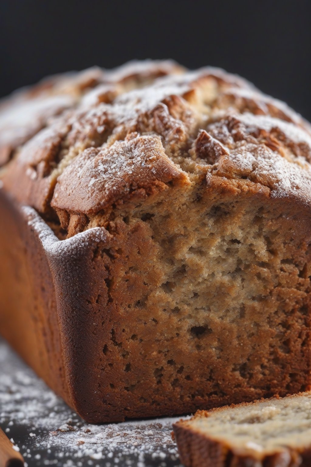 A high-resolution photo of a vegan banana bread loaf with a crackly top, dusted with powdered sugar under soft lighting.