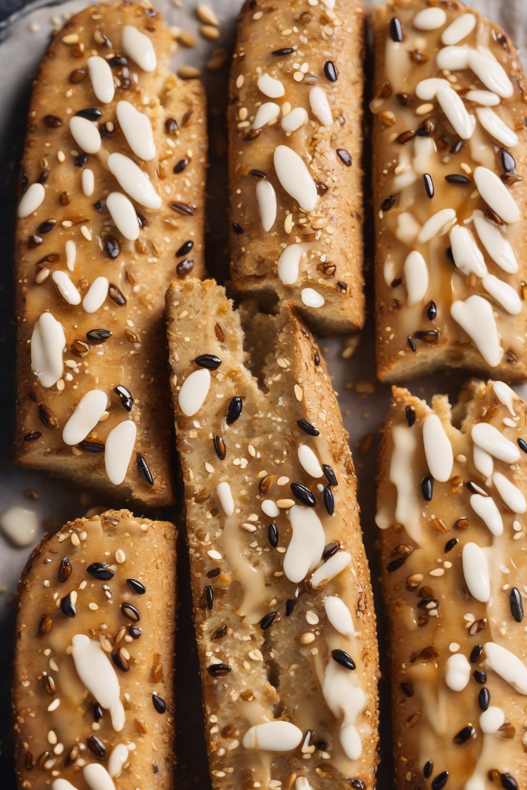 A high-resolution photo of sesame seed honey biscotti with seeds visible, honey drizzle, under soft lighting.