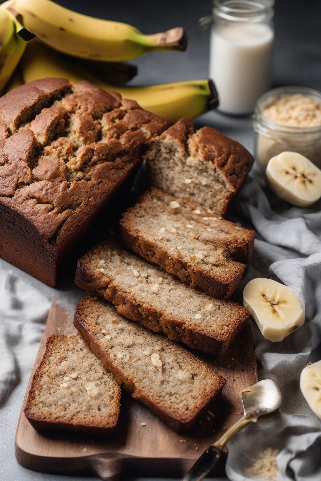 A high-resolution photo of gluten-free banana bread sliced to show tender crumb, with banana slices on top under soft lighting.