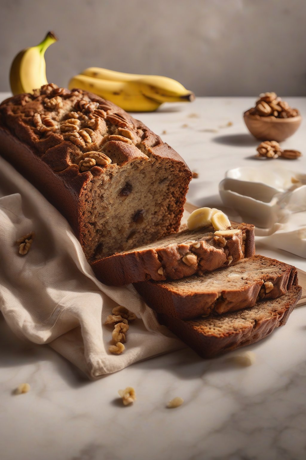 A high-resolution photo of walnut banana bread with visible nut chunks, steam rising from a warm slice under soft lighting.