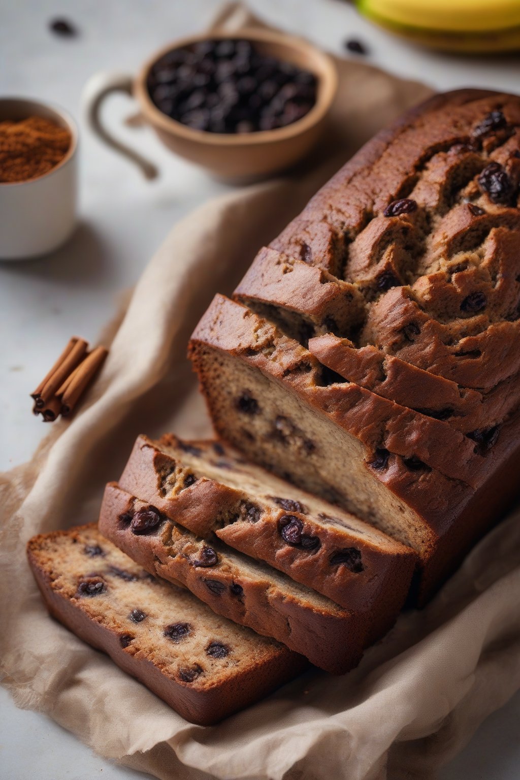 A high-resolution photo of cinnamon raisin banana bread with swirls of spice, raisins peeking through under soft lighting.
