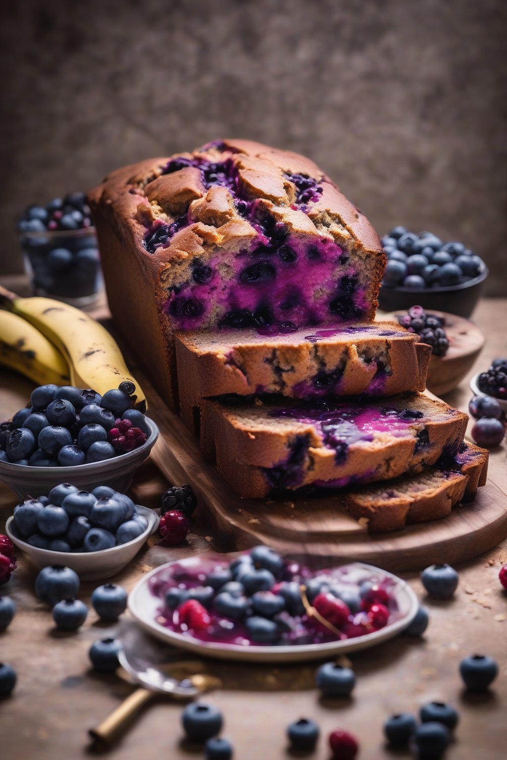 A high-resolution photo of blueberry banana bread oozing purple juices, topped with extra berries under soft lighting.