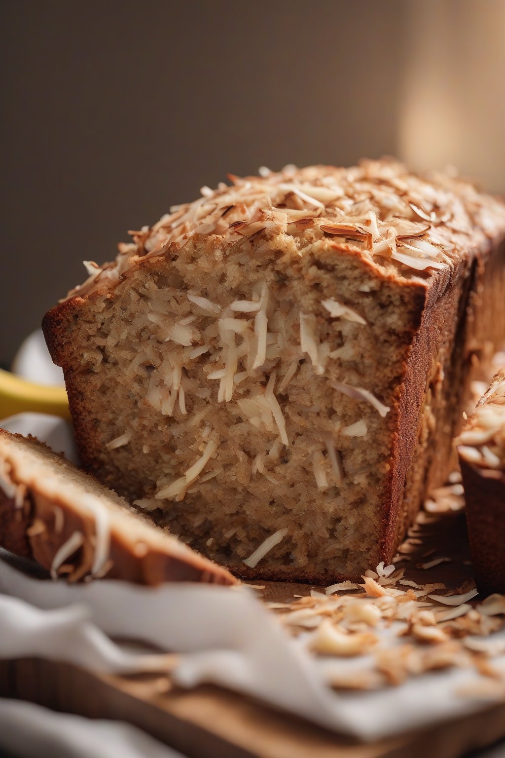 A high-resolution photo of coconut banana bread with toasted shreds on top, moist interior visible under soft lighting.