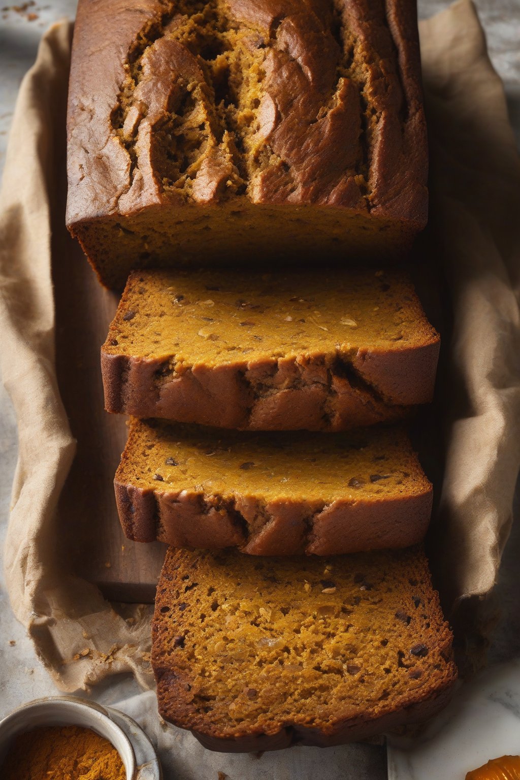 A high-resolution photo of pumpkin banana bread with orange hue and spice flecks, sliced warmly under soft lighting.