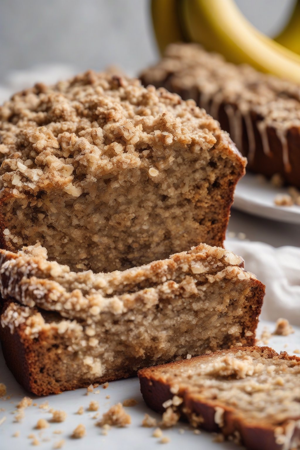 A high-resolution photo of streusel banana bread with crumbly golden topping crumbling off a slice under soft lighting.