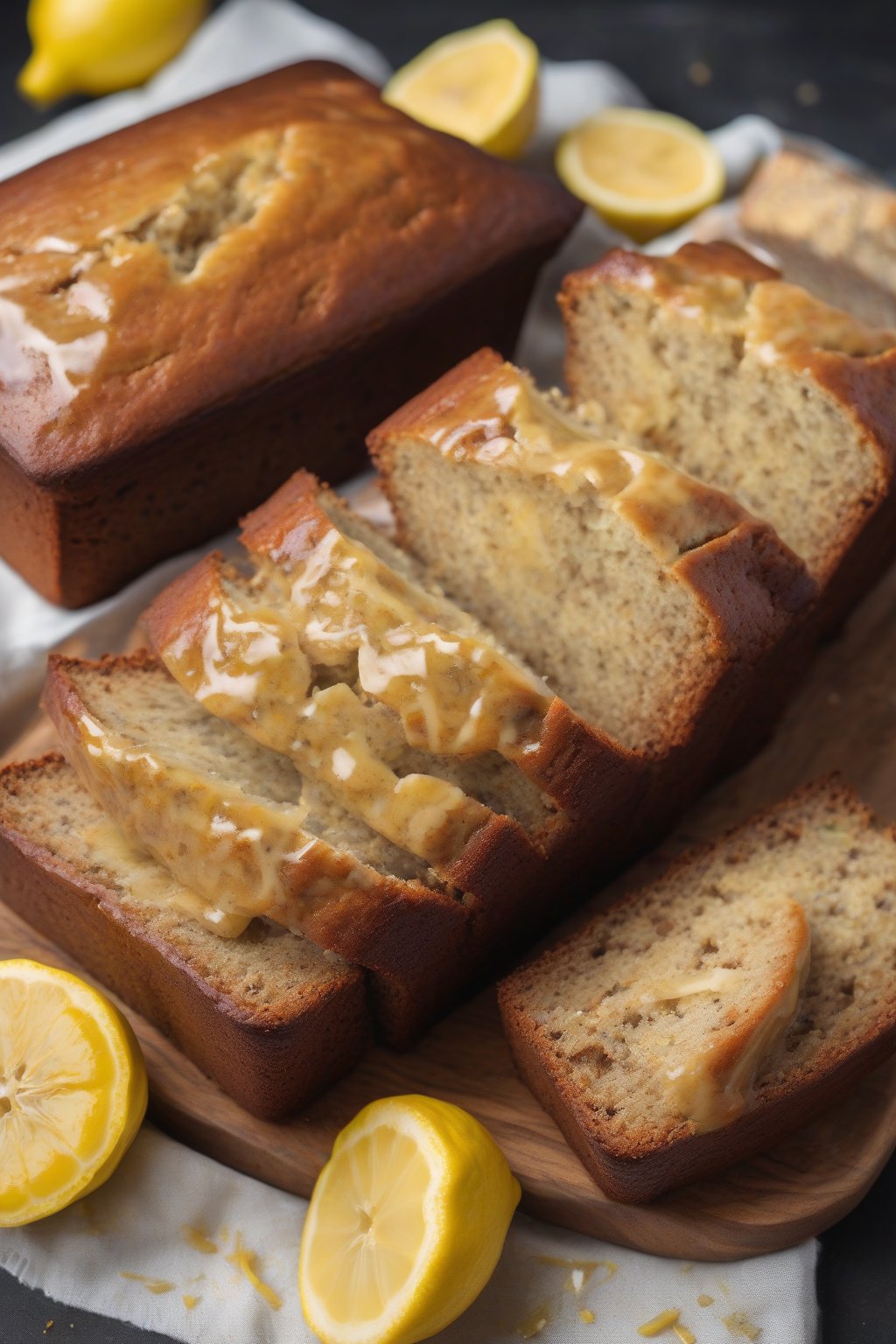 A high-resolution photo of lemon zest banana bread with yellow flecks and glossy glaze, bright slice under soft lighting.