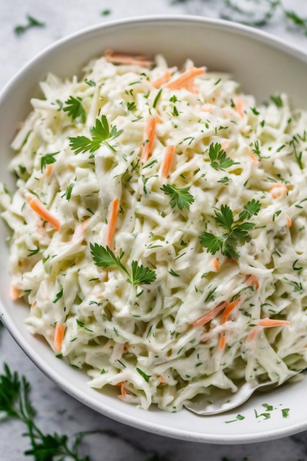 A high-resolution photo of classic creamy coleslaw in a white bowl, topped with fresh herbs, under soft lighting.