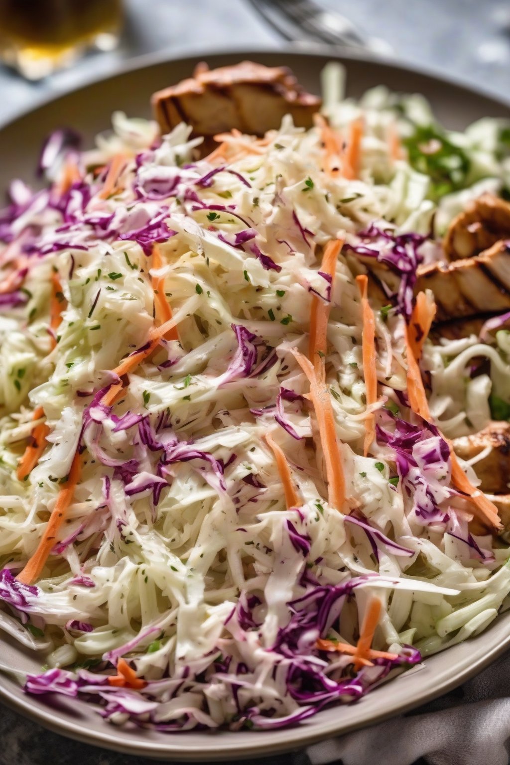 A close-up photo of tangy vinegar coleslaw glistening with dressing, beside grilled meats, under soft lighting.