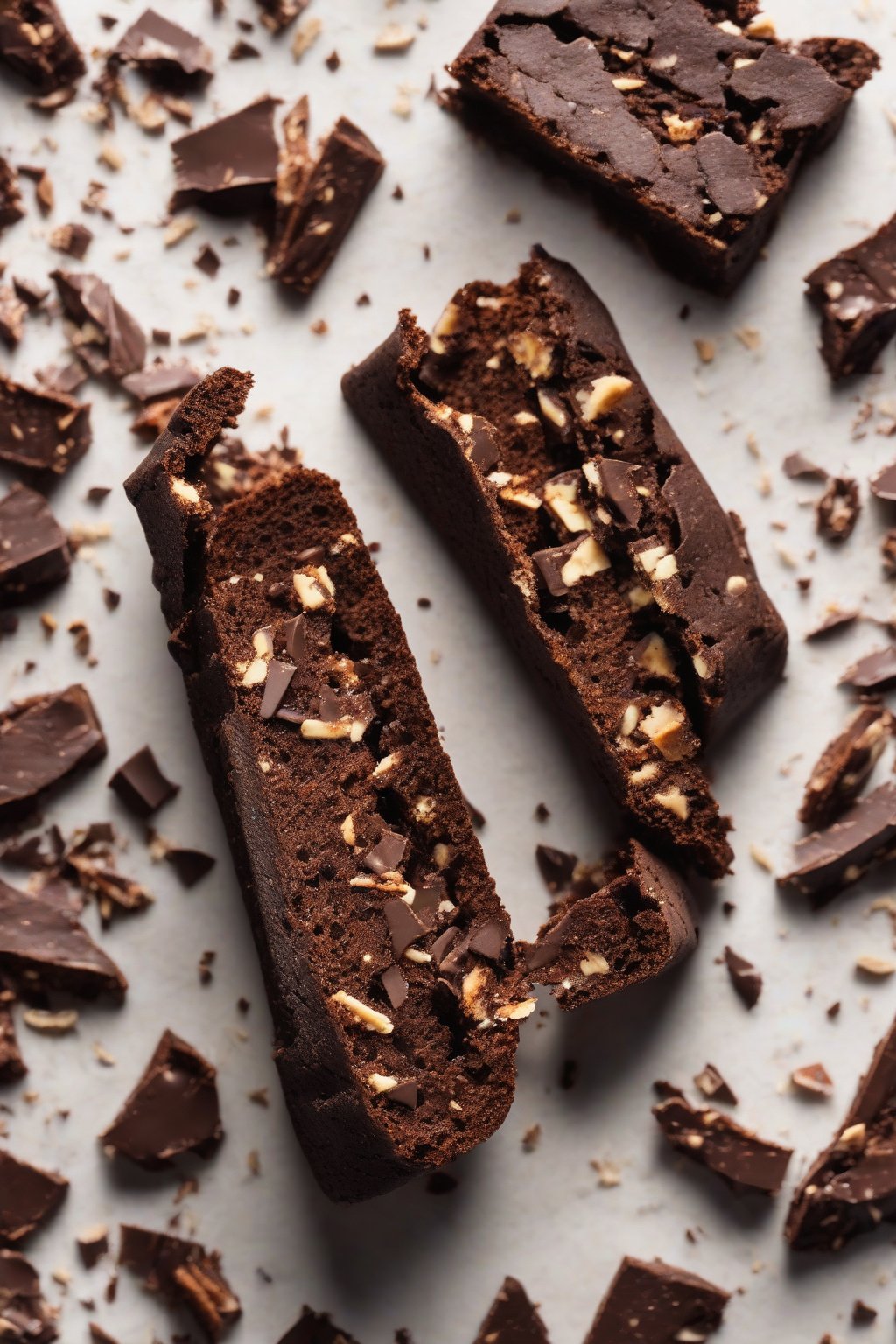 A high-resolution photo of double chocolate pecan biscotti broken to show interior crunch, chocolate shavings, under soft lighting.