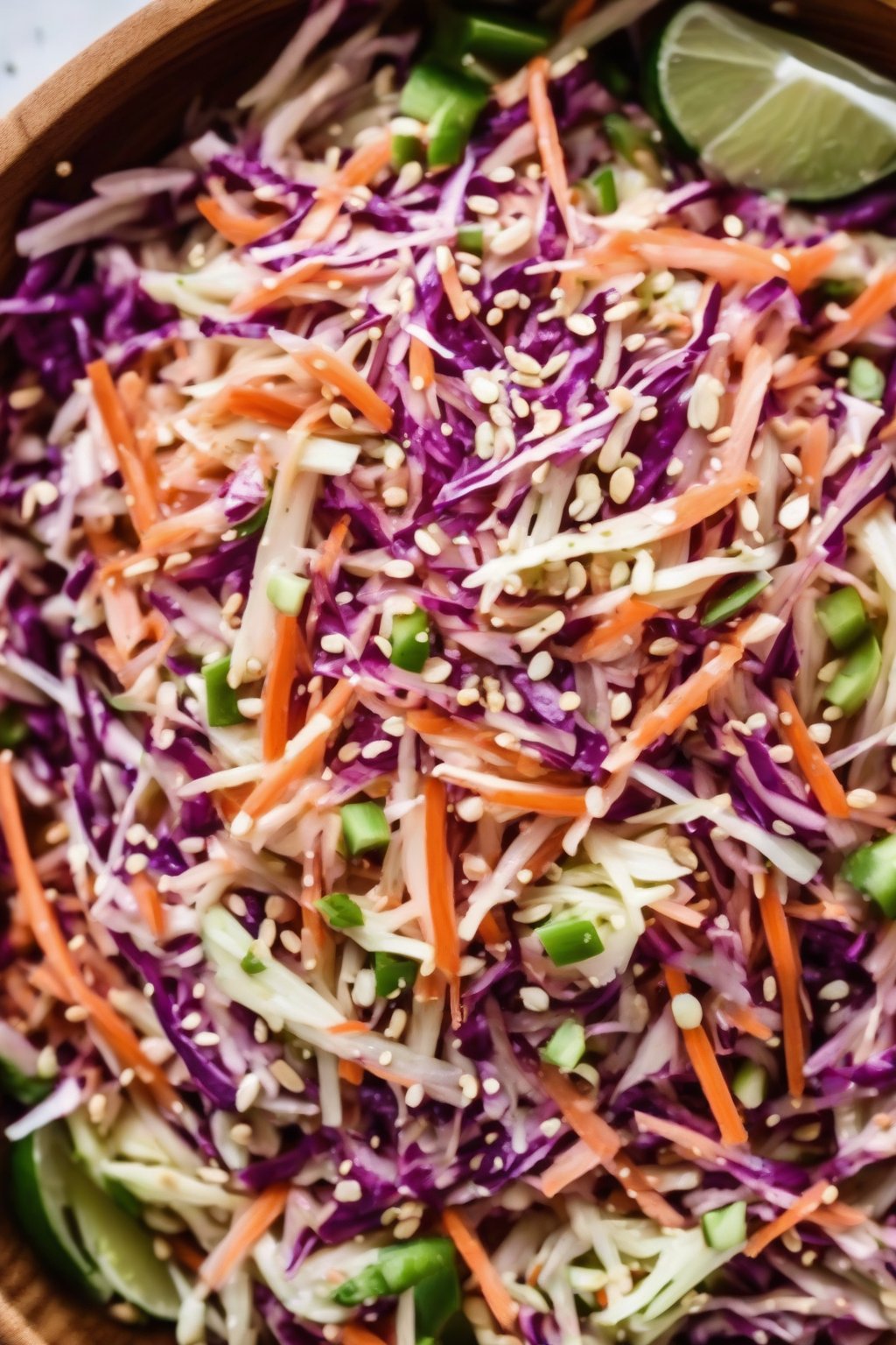 A high-resolution photo of Asian sesame coleslaw with sesame seeds scattered on top, in a wooden bowl, under soft lighting.