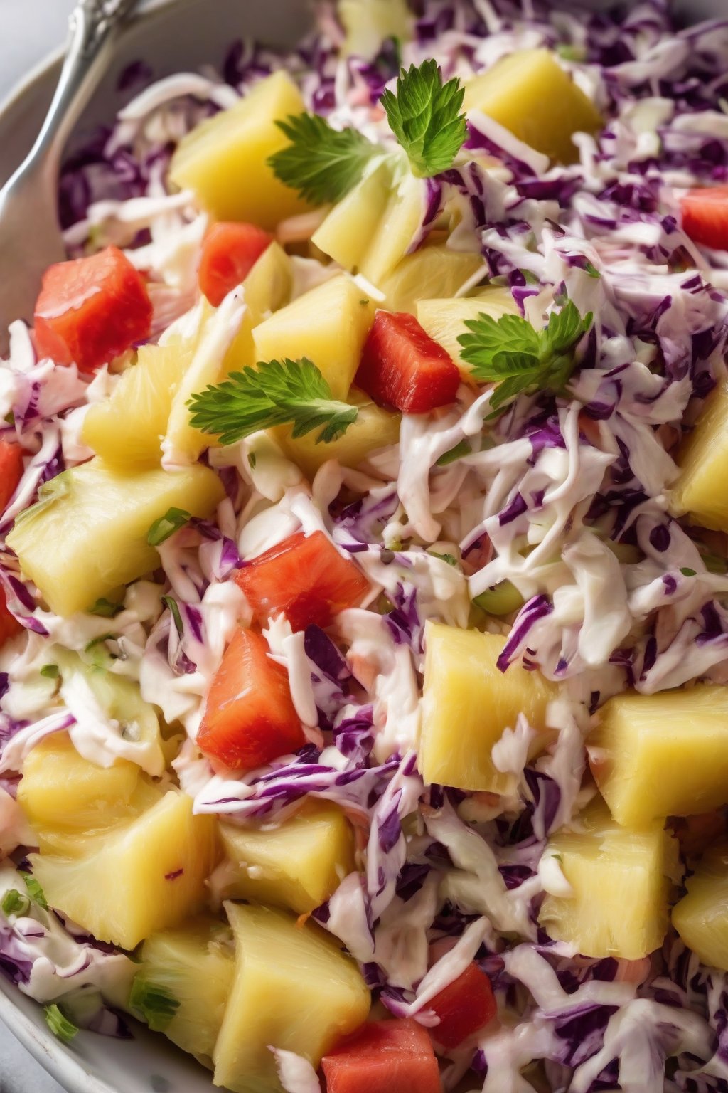 A close-up photo of pineapple coleslaw with juicy chunks of fruit shining through, under soft lighting.