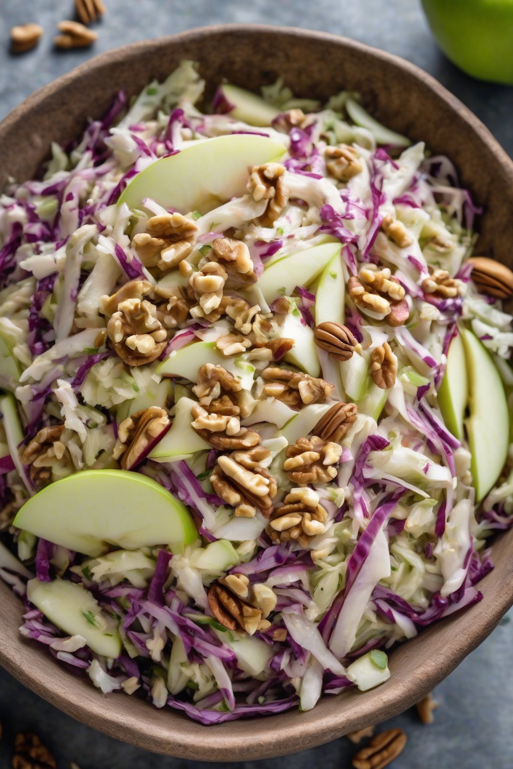 A high-resolution photo of apple walnut coleslaw with apple slices and nuts visible, in a rustic bowl, under soft lighting.