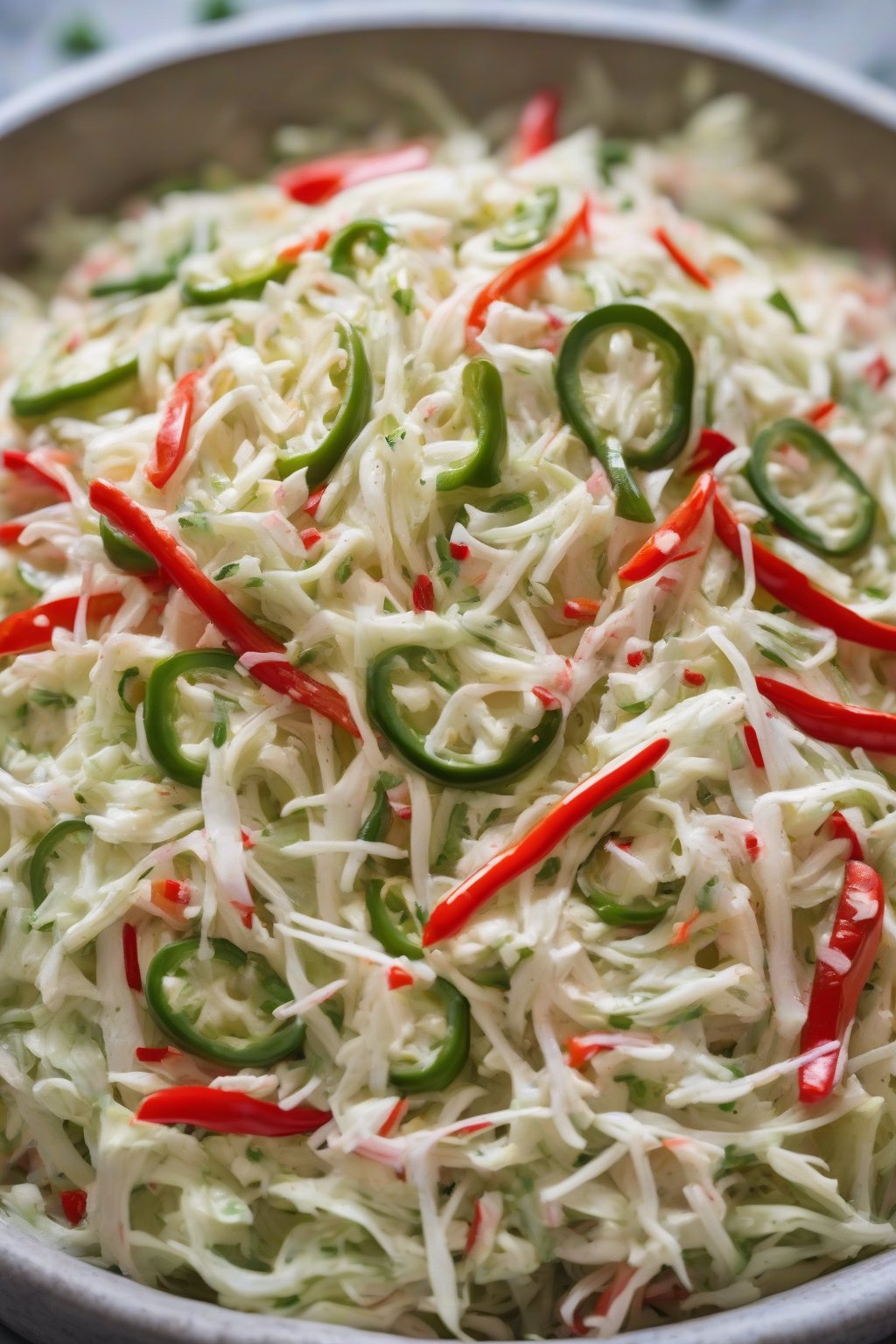 A close-up photo of spicy jalapeño coleslaw with green flecks and red peppers, steam rising subtly, under soft lighting.