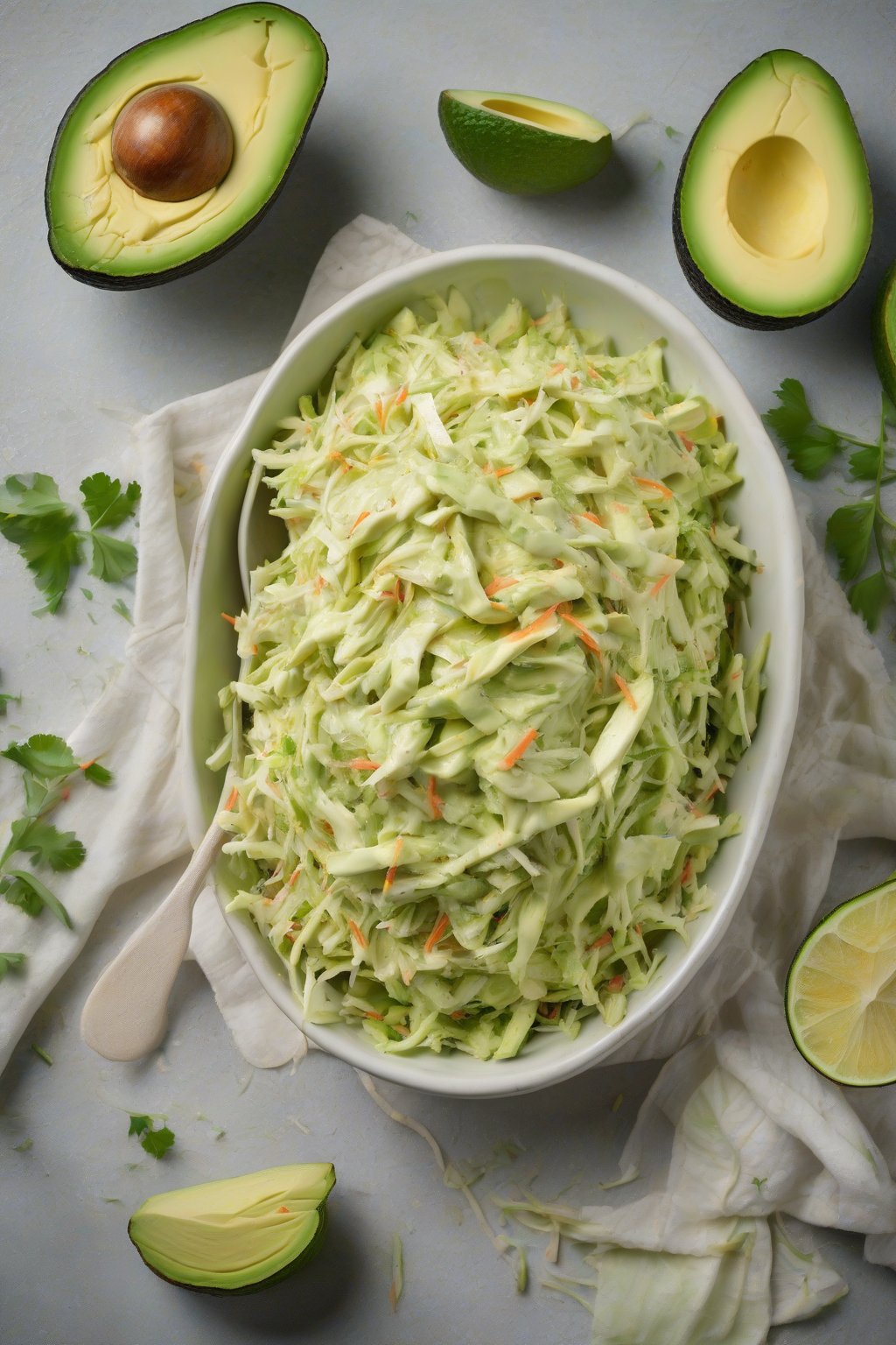 A high-resolution photo of creamy avocado coleslaw, smooth and green with cabbage shreds, under soft lighting.