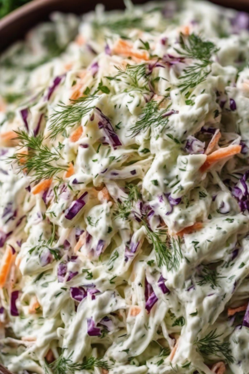 A close-up photo of Greek yogurt herb coleslaw garnished with dill sprigs, creamy texture visible, under soft lighting.